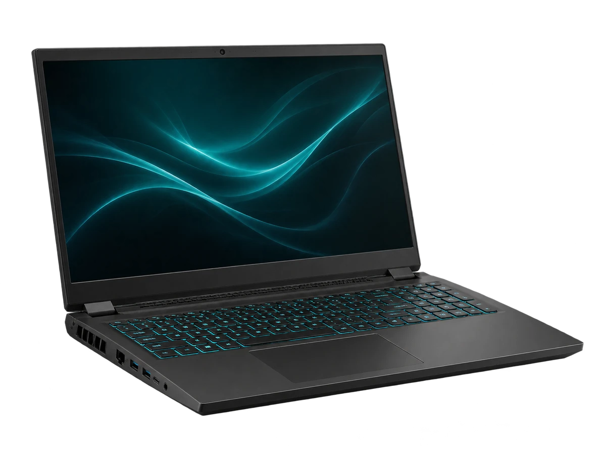 Schwarzes Gaming-Notebook mit türkisfarbenem Bildschirm – KI-Visualisierung