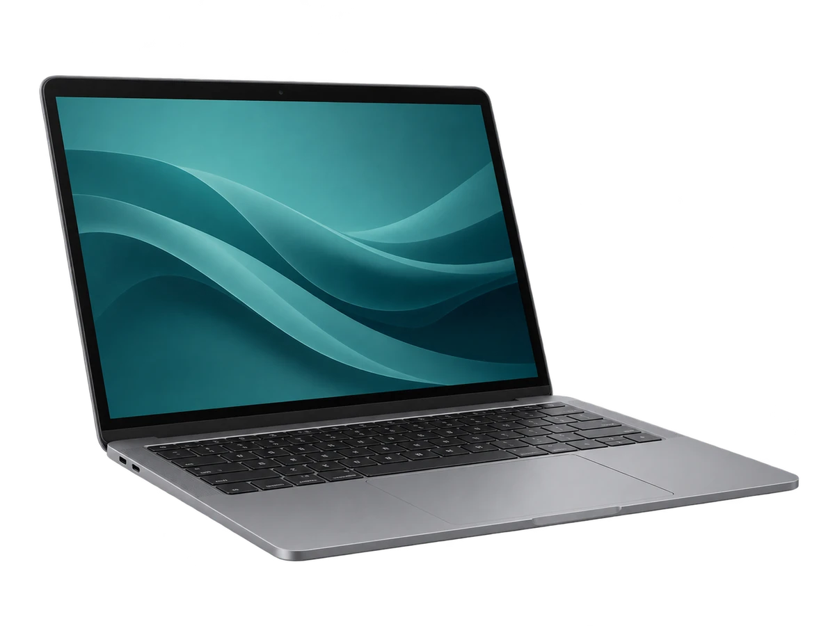 Silbernes Notebook in schräger Ansicht – KI-Visualisierung