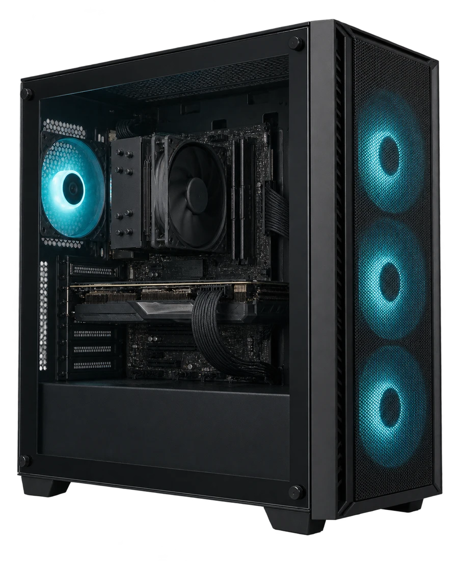 Schwarzer Gaming-PC mit dezent beleuchteten Komponenten – KI-Visualisierung