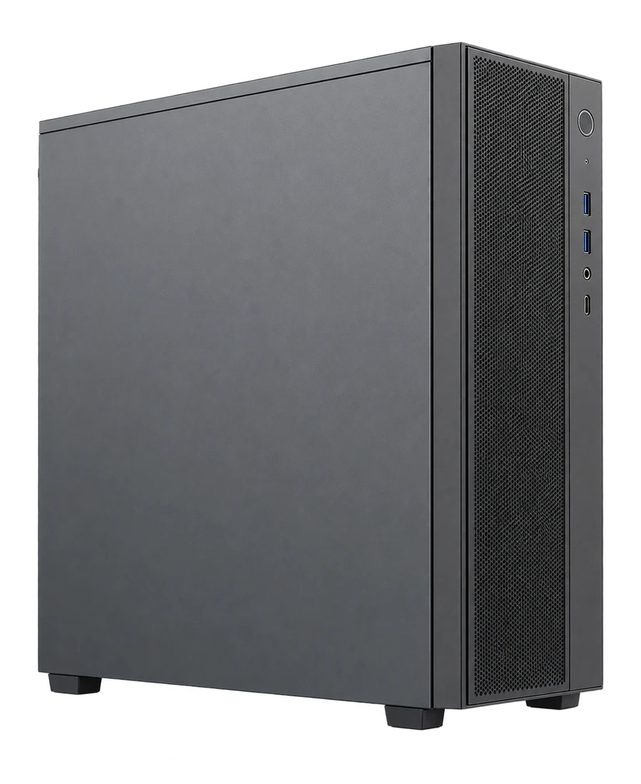 Schlichter grauer Desktop-PC in schräger Ansicht – KI-Visualisierung