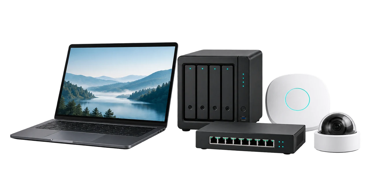 Notebook, NAS, Netzwerkswitch, WLAN-Zugangspunkt und Überwachungskamera – Symbolbild für die IT-Leistungen von Artitech
