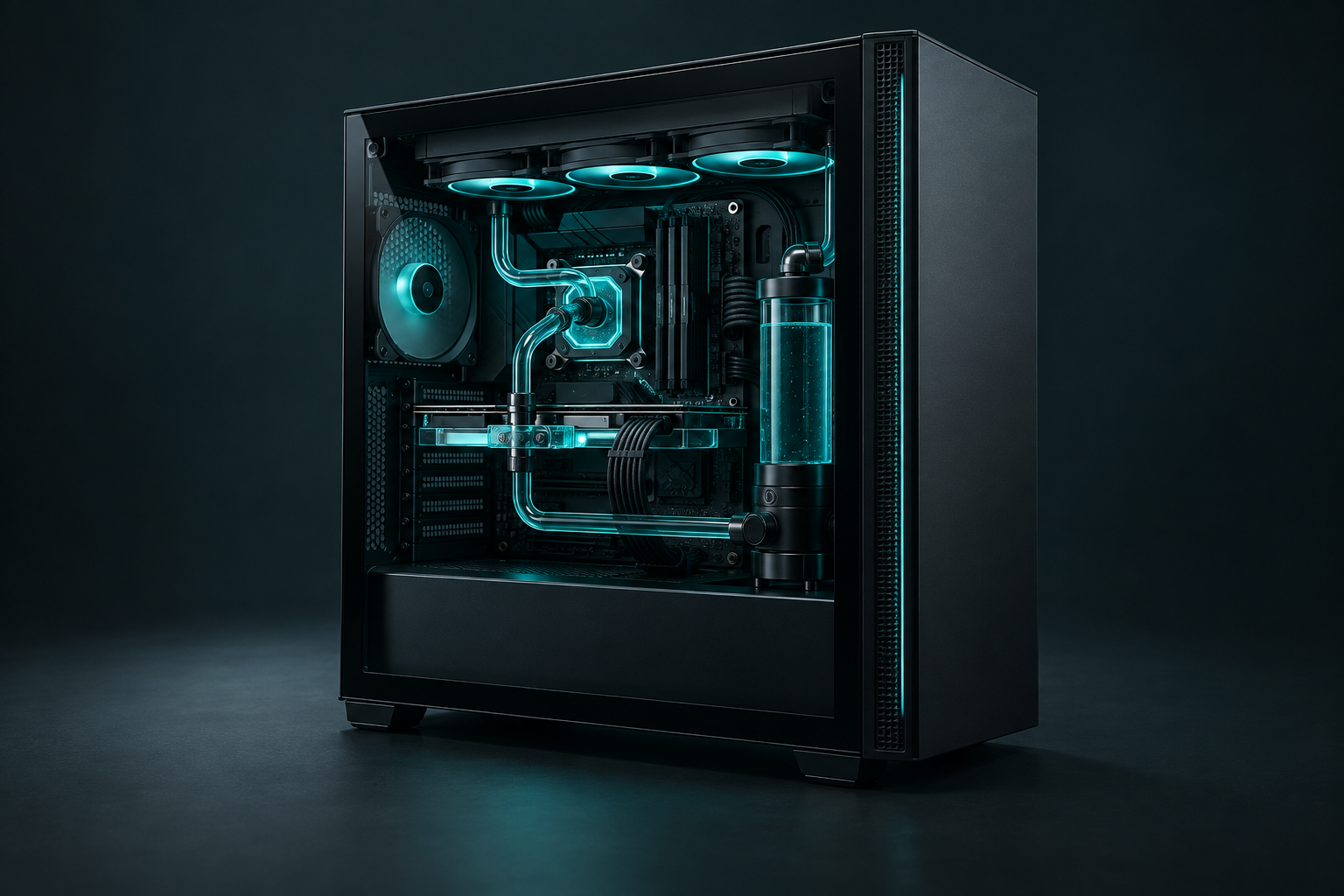 Visualisierung eines schwarzen Gaming-PCs mit türkis beleuchteter Wasserkühlung