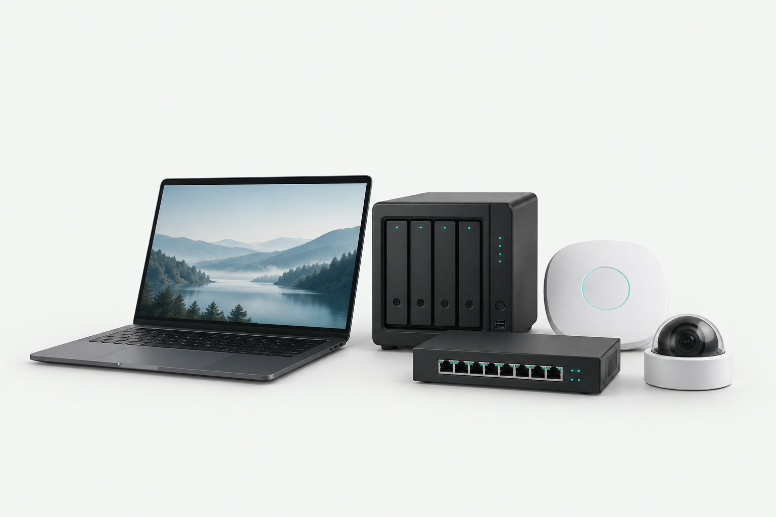 Symbolbild: Notebook, NAS, Netzwerkswitch, WLAN-Zugangspunkt und Sicherheitskamera