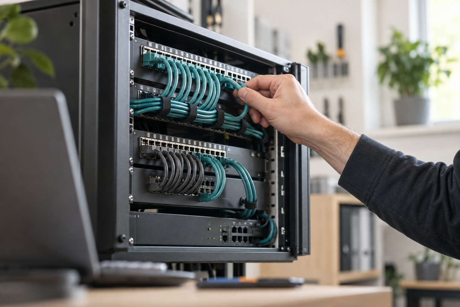 Symbolbild: Eine Hand verbindet ein türkisfarbenes Netzwerkkabel mit einem Patchpanel