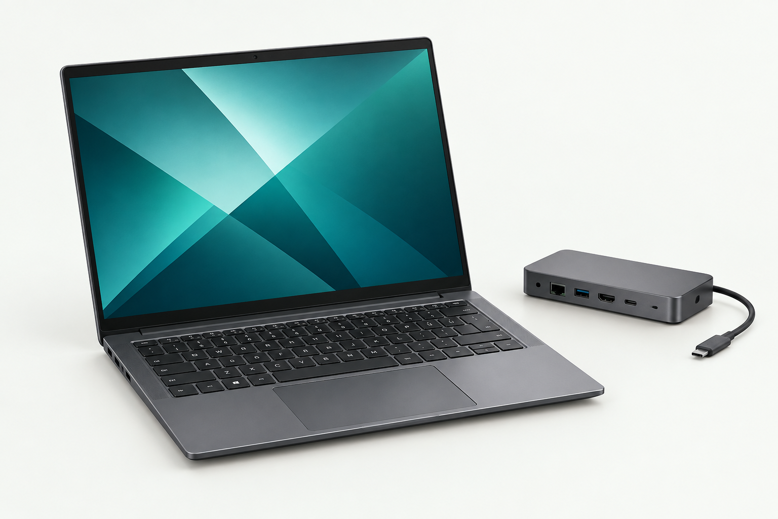 Anthrazitfarbenes Notebook mit USB-C-Dockingstation als Symbolbild für die Geräteberatung